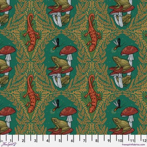 May include: A repeating pattern featuring orange newts, green frogs, red mushrooms, and insects on a teal background with gold foliage. The design is reminiscent of a whimsical forest scene, perfect for fabric or wallpaper.