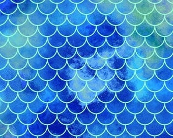 Michael Miller Sea Maidens Mermaid Scallops Blue Fabric // 100% cotton // Quilting Fabric // Nautical Fabric