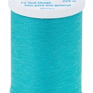 May include: A spool of turquoise blue Coats Dual Duty XP all-purpose thread. The spool is labeled with 250 yards (229 meters) and "Fil Tout Usage" and "Hilo para uso general".