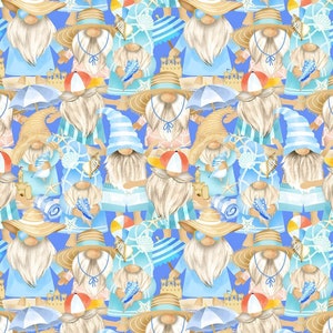May include: A seamless pattern featuring gnomes wearing blue and white striped shirts, straw hats, and holding beach-themed items like beach balls, seashells, and sandcastles. The background is a light blue color.