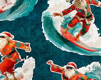 Gotta Have It Surfing Santa Teal by QT Fabrics // Quilting Fabric // 100% Cotton // Whimsical Fabric // Christmas Fabric