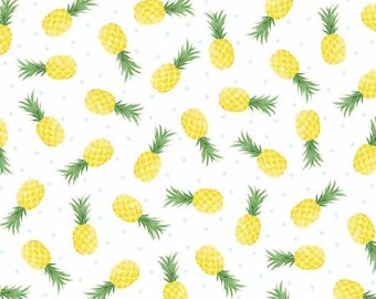 May include: A seamless pattern featuring yellow pineapples with green leaves on a white background with small blue dots.