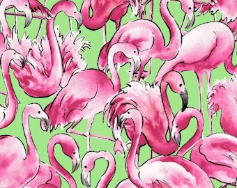 May include: A vibrant pattern of pink flamingos on a light green background. The flamingos are in various poses, some with their necks curved, others with their wings spread. The pattern is perfect for a variety of home decor projects.