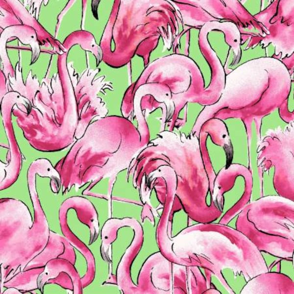 Surfside Flamingos Green by Freckle & Lollie Fabric // Quilting Cotton // Cotton Woven // 100% cotton // Tropical Fabric