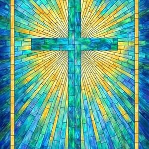 May include: A stained glass panel featuring a teal cross against a yellow and blue background. The panel is framed in gold and measures 28 inches by 43 inches.