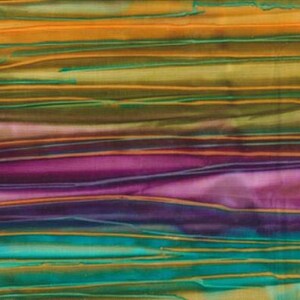 May include: A textile fabric featuring a horizontal striped pattern with blended gradients of orange, olive green, magenta, deep purple, and teal. The design consists of fluid, uneven lines that create a layered, multi-colored effect across the surface.