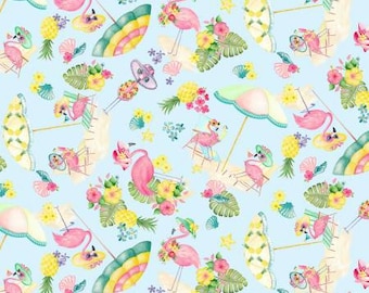 Kanvas Fun in the Sun - Flamingo Paradise Sky Blue Fabric // Quilting Cotton // Cotton Woven // 100% cotton // Beach Fabric