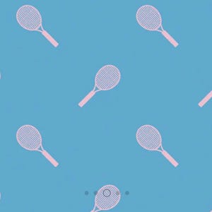 May include: A pattern of pink tennis rackets on a light blue background. The rackets are evenly spaced and feature a classic design with a handle and a stringed head. The overall aesthetic is clean and sporty.