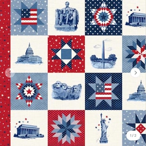 May include: A patchwork quilt design featuring patriotic imagery. The quilt blocks showcase the American flag, stars, and iconic landmarks like the Capitol Building, Lincoln Memorial, and the Statue of Liberty. The color palette includes red, white, and blue.