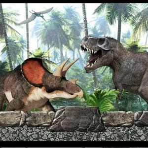 May include: A colorful illustration of dinosaurs in a jungle setting. The dinosaurs are a green Triceratops, a brown Stegosaurus, a green Tyrannosaurus Rex, and a brown Brachiosaurus. The jungle is lush and green with palm trees and ferns.