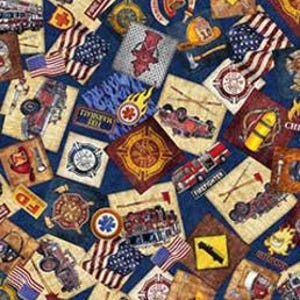 American Heroes Firefighter Overlapping Patches by QT Fabric // Quilting Cotton // Cotton Woven // 100% cotton // Fireman Fabric