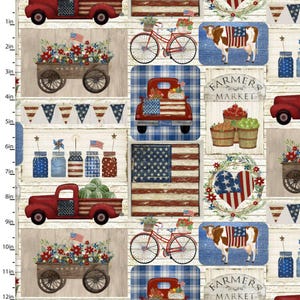 May include: A patriotic fabric design featuring red trucks, bicycles, and wagons filled with flowers. The design includes American flags, a cow with an American flag, and the words "Farmers Market".