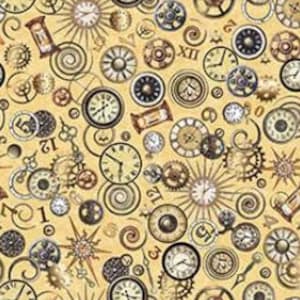 May include: A yellow background with a repeating pattern of clocks, gears, and swirls. The clocks are in various styles and sizes, and some have Roman numerals.