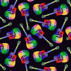 May include: A repeating pattern of colorful acoustic guitars on a dark background. The guitars feature a rainbow of colors, including red, yellow, green, and blue. The guitars are oriented in various directions.