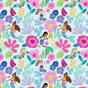 May include: A seamless pattern featuring colorful mermaids with flowing tails, surrounded by vibrant flowers and seaweed on a light blue background.