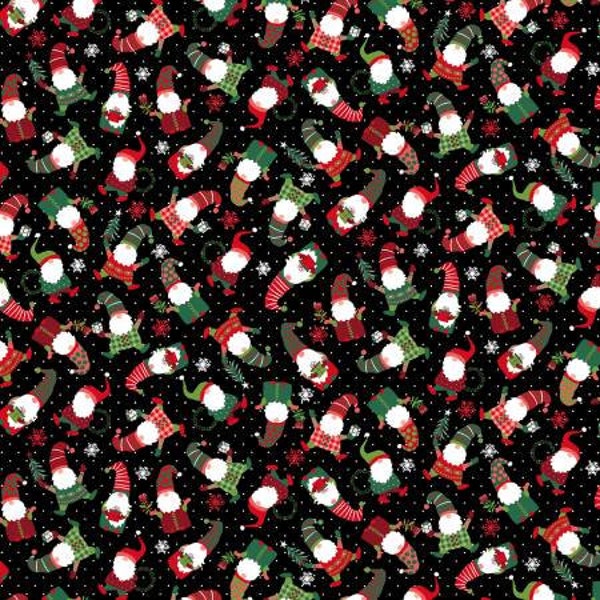 Feeling Festive - Black Tossed Mini Holiday Gnomes by Timeless Treasures Fabric // 100% cotton // Quilting Fabric // Christmas Fabric