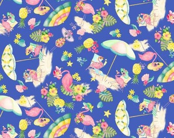 Kanvas Fun in the Sun - Flamingo Paradise Medium Blue Fabric // Quilting Cotton // Cotton Woven // 100% cotton // Beach Fabric