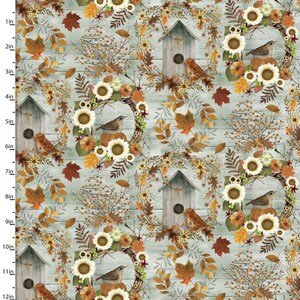 May include: A seamless pattern featuring wreaths of sunflowers, leaves, and berries, with birdhouses and small birds on a light blue woodgrain background.