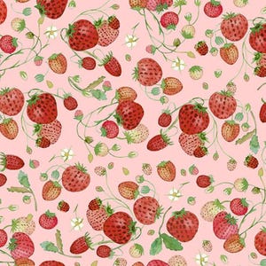 May include: A repeating pattern of watercolor strawberries in various sizes and stages of ripeness, with green leaves and white flowers, on a light pink background. The strawberries range in color from red to light pink.