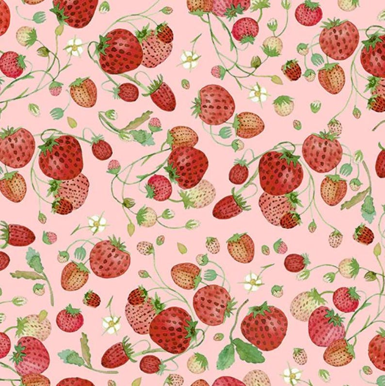 May include: A repeating pattern of watercolor strawberries in various sizes and stages of ripeness, with green leaves and white flowers, on a light pink background. The strawberries range in color from red to light pink.