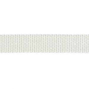 May include: White webbing strap, a type of flat, narrow fabric used for various purposes, such as sewing, crafting, and making straps.