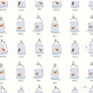 May include: A repeating pattern on a white background featuring hand-drawn illustrations of goldfish inside clear plastic bags filled with water. Each fish is labeled with names including Swimmy, Spooky, Goldie, Splashy, Helen, and Bjorn.