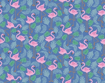May include: A seamless pattern featuring pink flamingos and green palm leaves on a blue background.