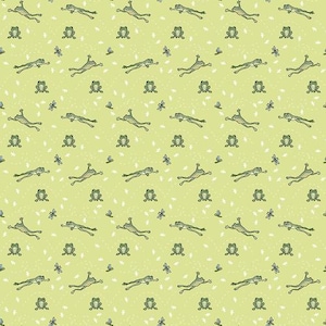 May include: A seamless pattern featuring green frogs jumping against a light green background with white dots. The frogs are all facing the same direction with their arms raised.