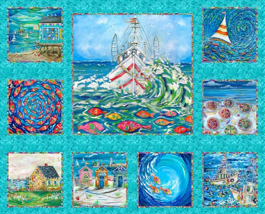 Ocean Block Panel Seaside Summer - Panel by 3 Wishes Fabric // 100% Quilting Cotton ...