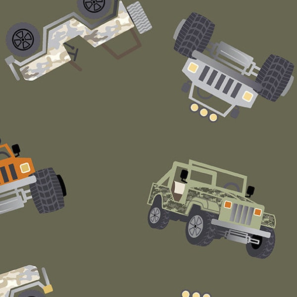 Safari Adventure - Adventure Vehicle Army Green by Benartex Fabrics // Quilting Cotton // 100% cotton // Offroad Fabric