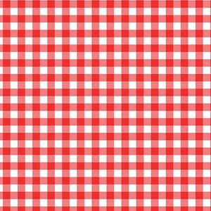 May include: Red and white checkered pattern. This is a classic gingham pattern often used for tablecloths, napkins, and other home decor.