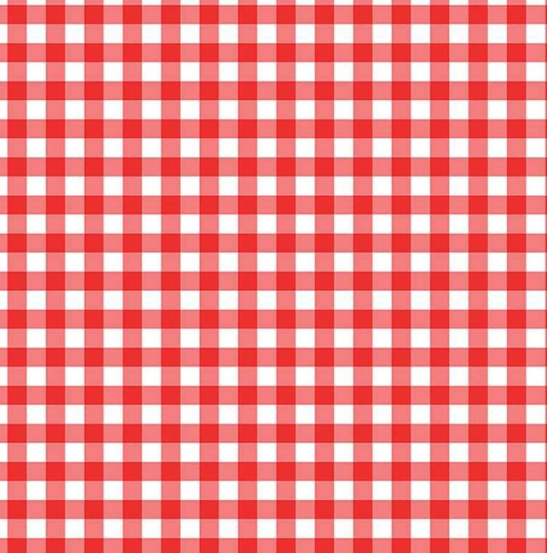 May include: Red and white checkered pattern. This is a classic gingham pattern often used for tablecloths, napkins, and other home decor.