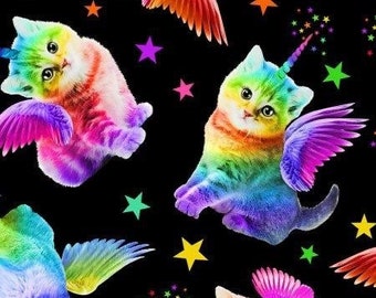 Timeless Treasures Rainbow Unicorn Cats Fabric // Quilting Cotton // Cotton Woven // 100% cotton  // Whimsical Fabric
