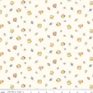 May include: A white fabric with a repeating pattern of yellow, red, and blue seashells. The fabric is perfect for crafting projects, quilting, and home decor.