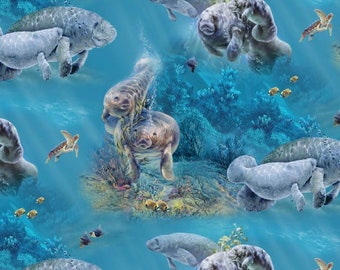 Elizabeth&#39;s Studio Gentle Giants Manatees Fabric // Quilting Cotton // Cotton Woven // 100% cotton // Manatee Fabric