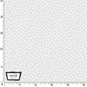 May include: White polka dots on a light gray background fabric. The fabric is measured in inches.