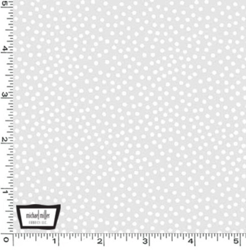 May include: White polka dots on a light gray background fabric. The fabric is measured in inches.