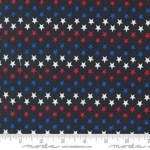 May include: Black fabric with a repeating pattern of white, red, and blue stars.