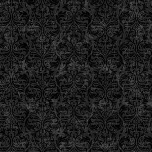 May include: A seamless pattern featuring a dark gray background with a distressed texture. The design is overlaid with a repeating black floral damask pattern, creating a vintage, gothic aesthetic. The pattern is suitable for various design applications.