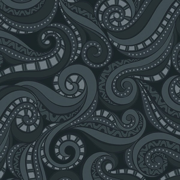 Free-Motion Fantasy 2 Ocean Charcoal Pearl by Benartex Fabric // Quilting Cotton // Cotton Woven // 100% cotton // Wave Blender Fabric