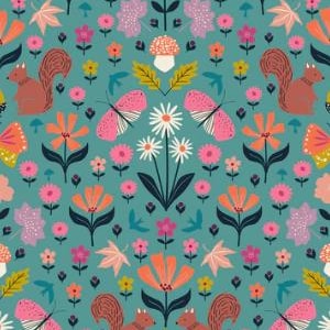 May include: A teal fabric with a repeating pattern of squirrels, butterflies, flowers, and mushrooms in shades of pink, orange, yellow, and white. The design includes various floral elements and stylized leaves.