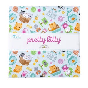 May include: A stack of fabric squares with a light blue background and a repeating pattern of cartoon cats, fishbowls, and cat toys. The text "pretty kitty" is displayed in pink. The Riley Blake Designs logo is visible.