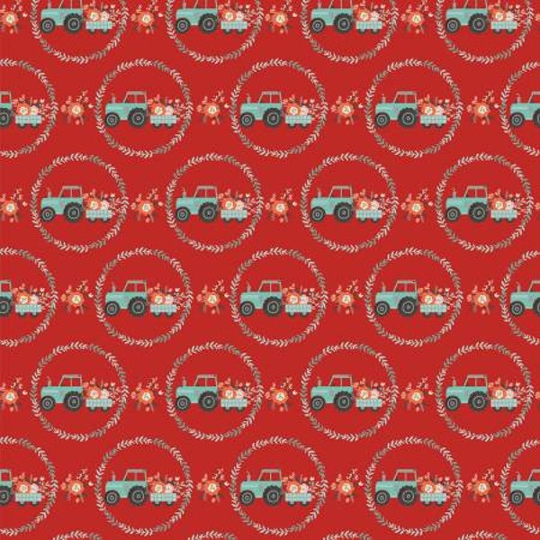 Poppie Cotton My Heart Belongs to my Farmer Red Tractor Pull // 100 % Cotton // Quilting Fabric // Farm Fabric