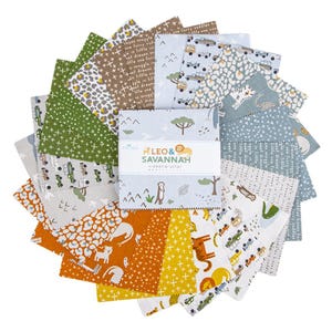 May include: A collection of fabric squares in various patterns and colors, including animal prints, safari vehicles, and geometric designs. The fabric bundle is labeled "LEO & SAVANNAH" and features illustrations of animals and trees. The color palette includes green, orange, blue, and brown.