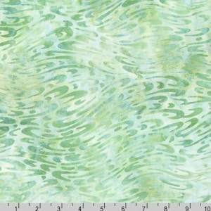 May include: A fabric with a flowing, abstract design in shades of green and pale yellow. The pattern features curved, elongated shapes that resemble water currents or stylized leaves, creating a sense of movement and fluidity. The fabric has a soft, watercolor-like appearance.