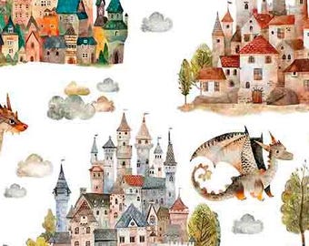 Dragon Dreams - Dragons and Castles by QT Fabric // Quilting Cotton // Cotton Woven // 100% cotton // Fairy Tale Fabric