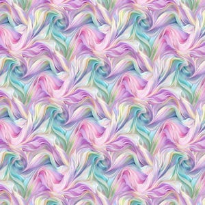 May include: Abstract pattern featuring swirling, flowing shapes in shades of pink, purple, blue, and yellow. The design has a soft, watercolor-like appearance, creating a sense of movement and fluidity. The repeating pattern is suitable for fabric or wallpaper.