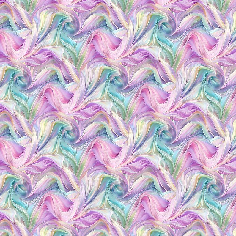 May include: Abstract pattern featuring swirling, flowing shapes in shades of pink, purple, blue, and yellow. The design has a soft, watercolor-like appearance, creating a sense of movement and fluidity. The repeating pattern is suitable for fabric or wallpaper.