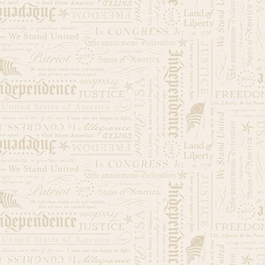 May include: Cream-colored background with repeating text and patriotic symbols. The words "Independence," "Freedom," "Justice," and "Patriot" are visible, along with the American flag and stars. The design evokes a vintage, historical feel.