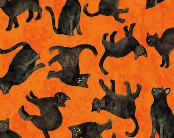 All Hallows Eve - Cats on Orange by Clothworks // 100% cotton // Quilting Fabric // Halloween Fabric // Black Cat Fabric